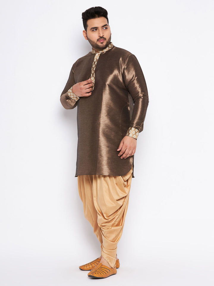 VASTRAMAY Men's Plus Size Gold Silk Blend Curved Kurta And Dhoti Set - Traditional Indian ethnic wear for special occasions