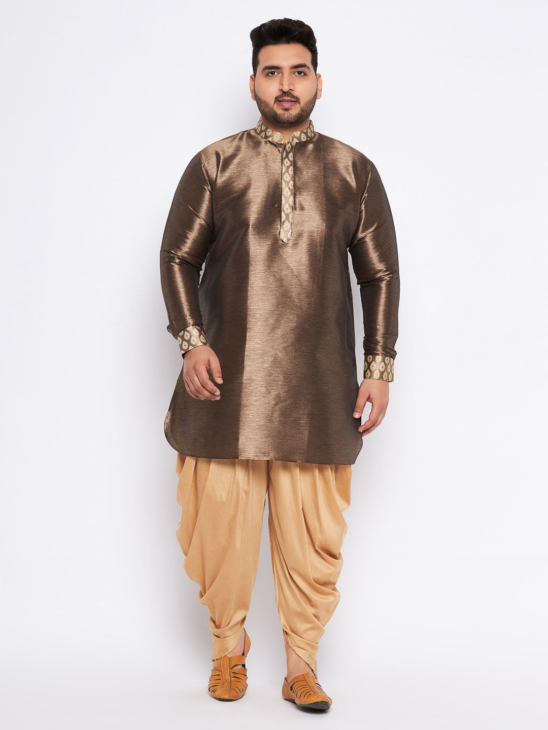 VASTRAMAY Men's Plus Size Gold Silk Blend Curved Kurta And Dhoti Set, perfect traditional Indian outfit for special occasions and events