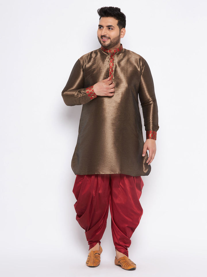 VASTRAMAY Men's Plus Size Maroon Silk Blend Curved Kurta And Dhoti Set