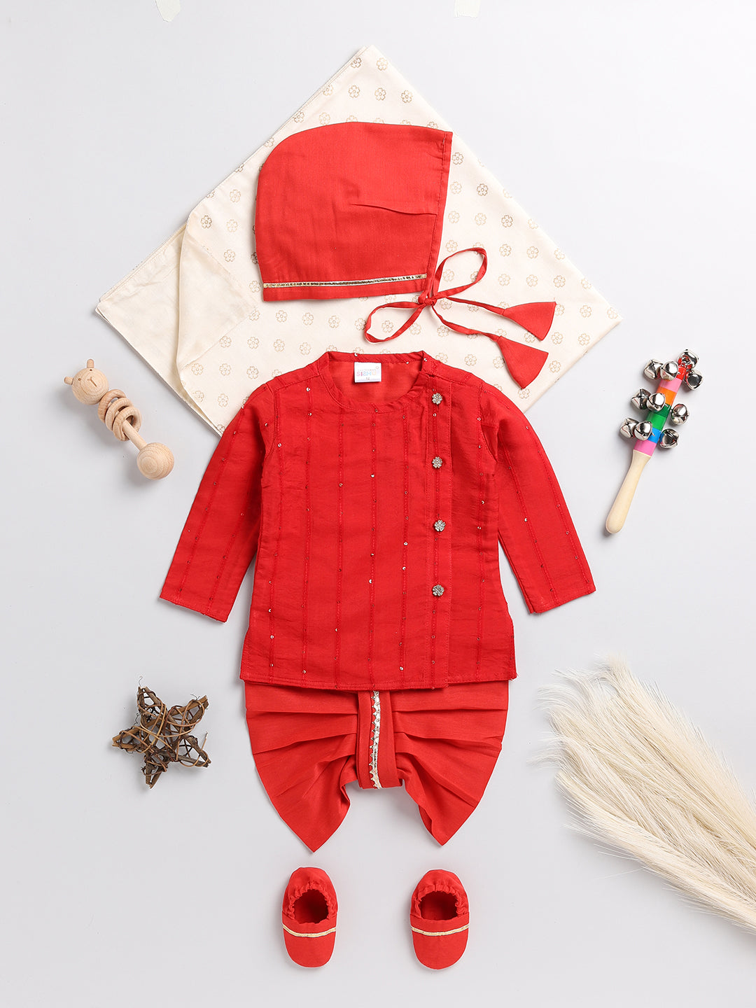 VASTRAMAY Boys Red Chanderi  Ethnic Combo Set