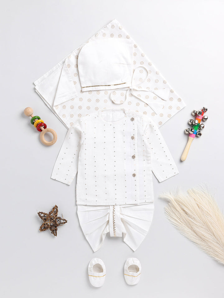 VASTRAMAY Boys White Chanderi  Ethnic Combo Set