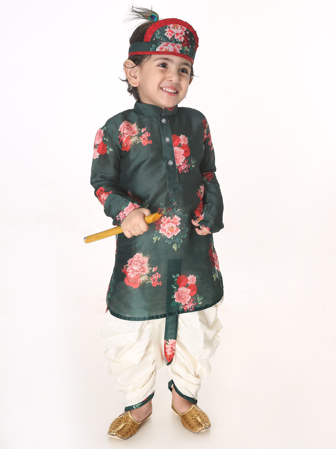 VASTRAMAY Boys Multicolor-Base-Green Cotton Blend Kurta and Dhoti Set - qivii
