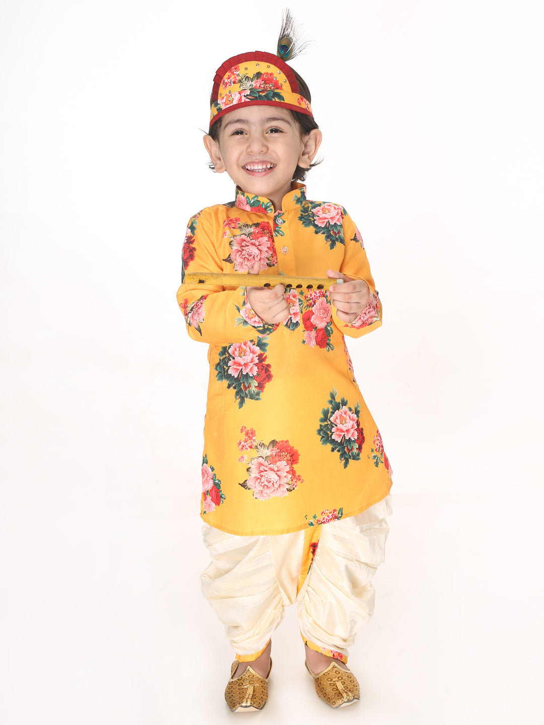 VASTRAMAY Boys Multicolor-Base-Yellow Cotton Blend Kurta and Dhoti Set - qivii