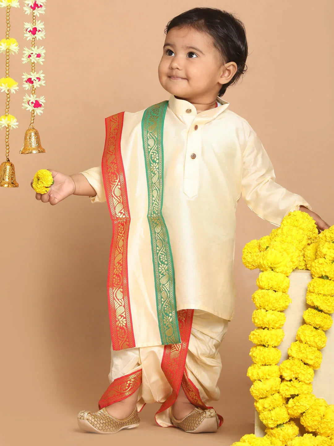 Boy's Gold-Toned Kurta With Dhoti Pants & With Dupatta