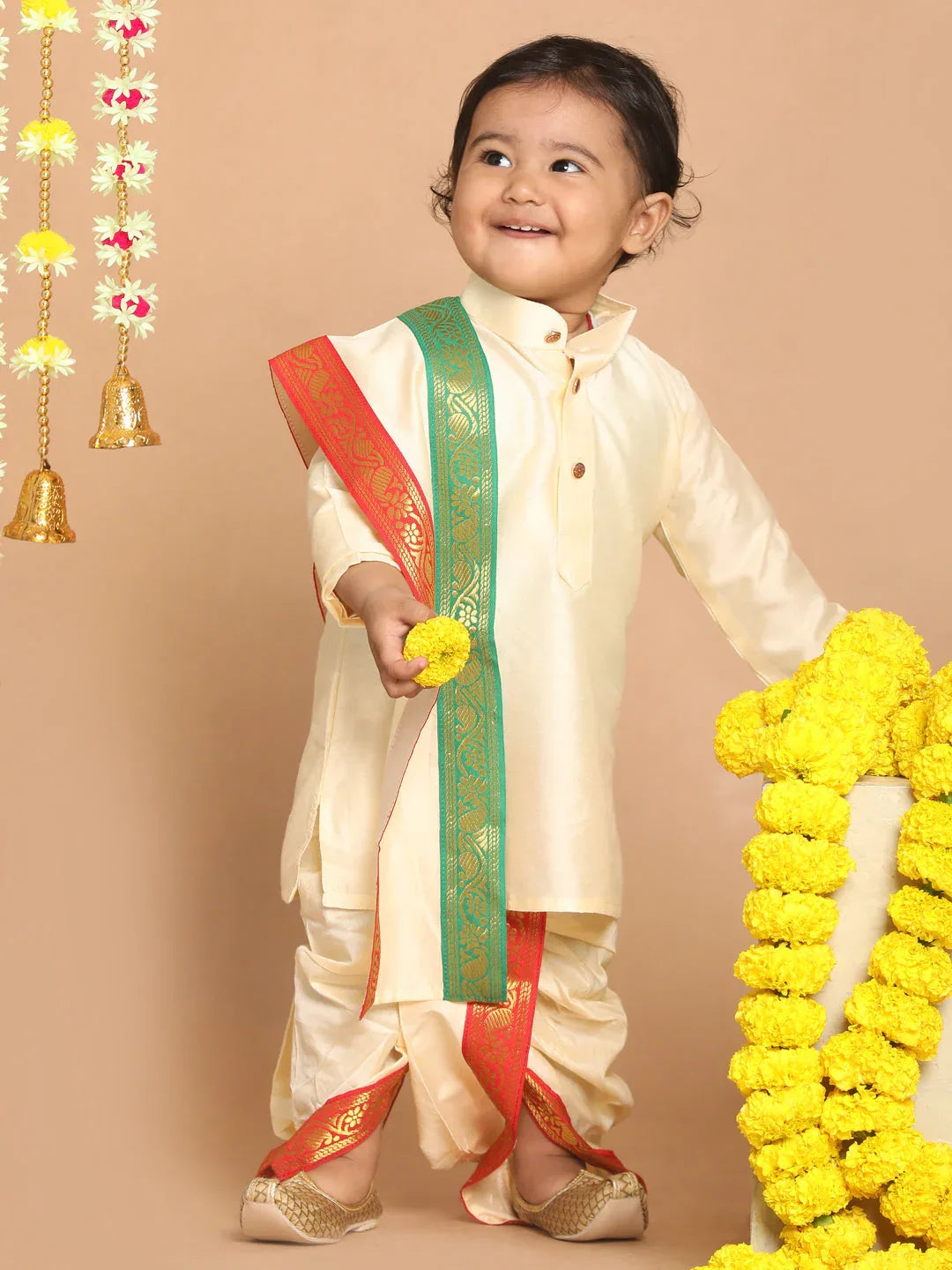 Boy's Gold-Toned Kurta With Dhoti Pants & With Dupatta