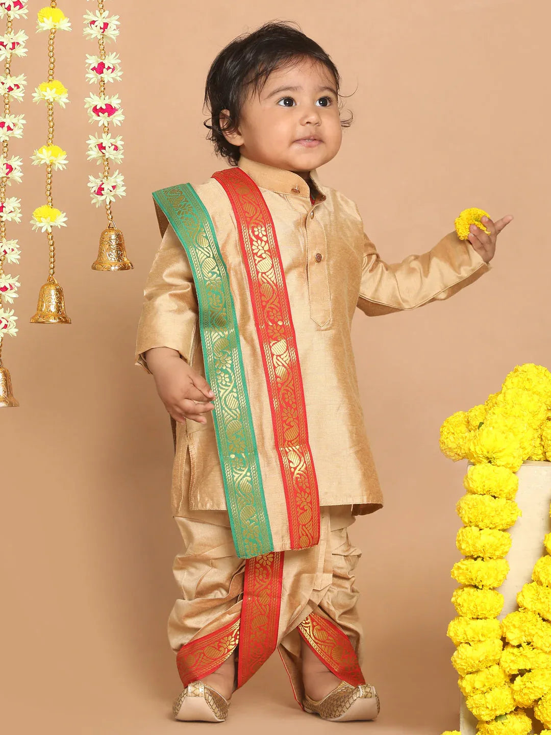 Boy's Rose Gold Kurta With Dhoti Pants & With Dupatta Set
