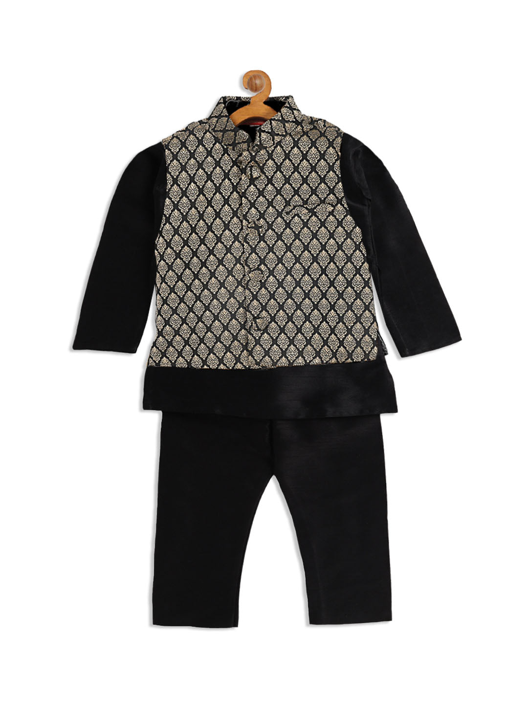 VASTRAMAY Boy's Black Woven Design Slim Fit Nehru Jacket And Black Kurta Pyjama Set - qivii