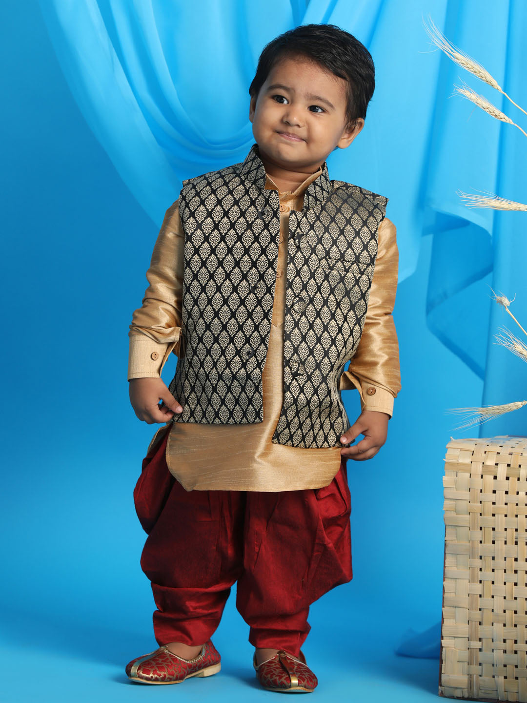 VASTRAMAY SISHU Boy's Black Woven Design Slim Fit Nehru Jacket And Rose Gold Kurta With Maroon Dhoti Set - qivii