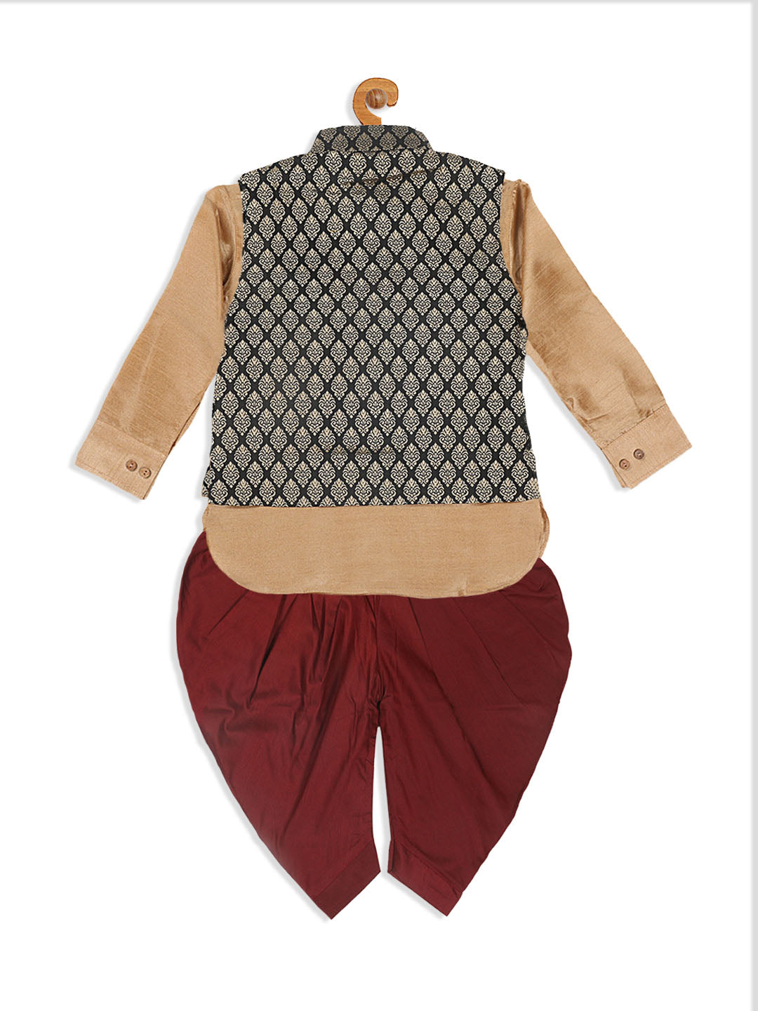 VASTRAMAY SISHU Boy's Black Woven Design Slim Fit Nehru Jacket And Rose Gold Kurta With Maroon Dhoti Set - qivii