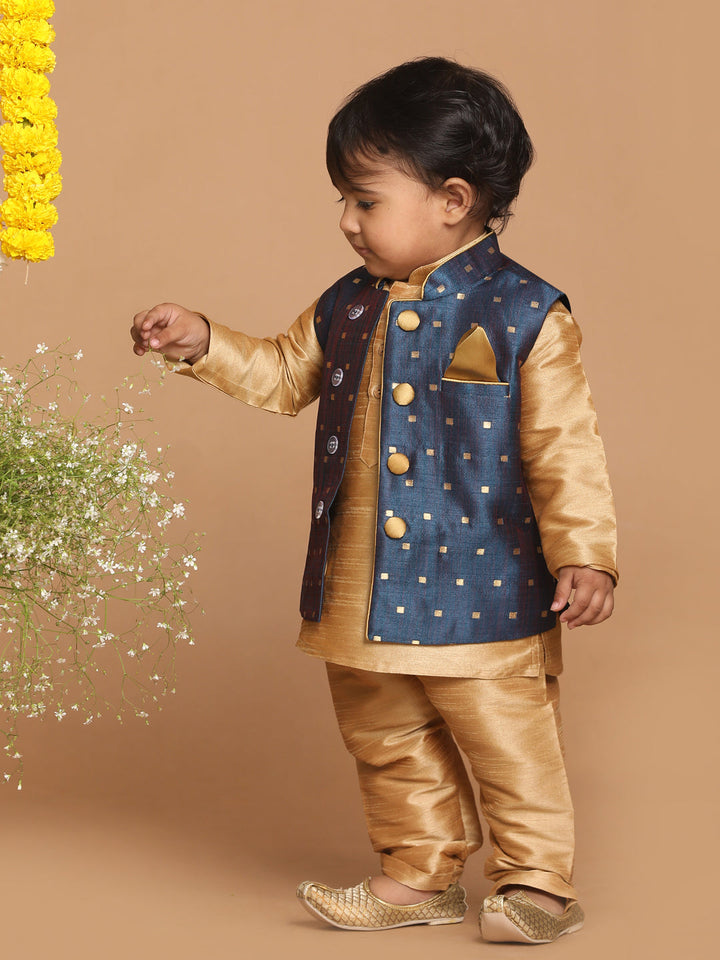 VASTRAMAY SISHU Boy's Rose Gold Kurta Pyjama With Blue Woven Nehru Jacket