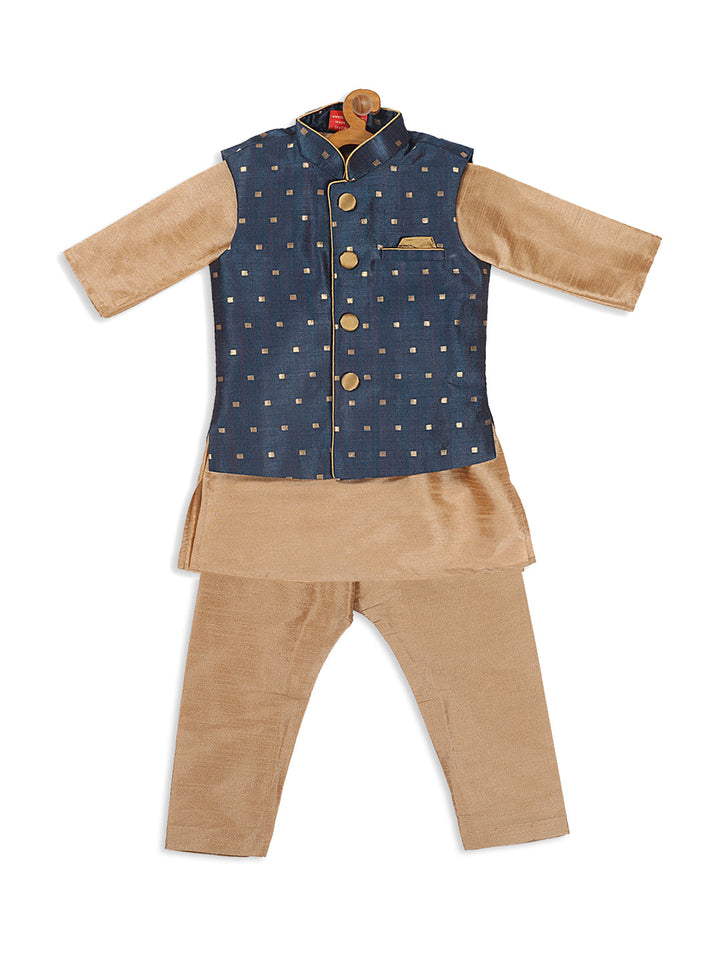 VASTRAMAY SISHU Boy's Rose Gold Kurta Pyjama With Blue Woven Nehru Jacket