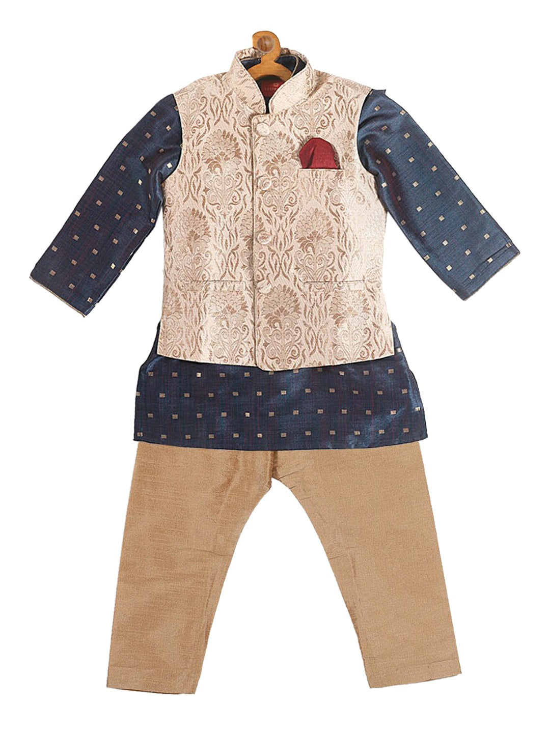 VASTRAMAY Boy's Blue Printed Kurta with Rose Gold Pyjamas & Nehru Jacket