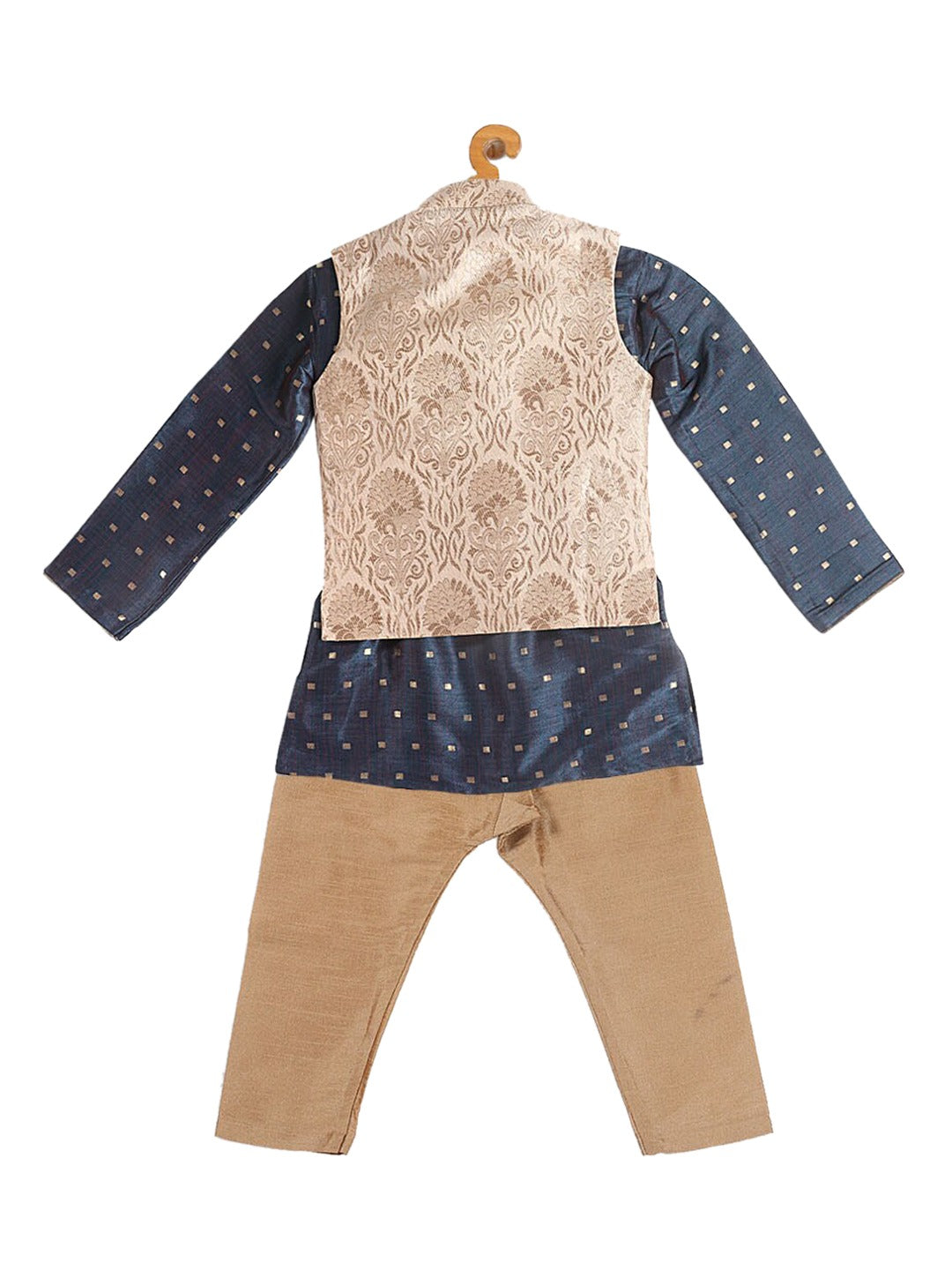 VASTRAMAY Boy's Blue Printed Kurta with Rose Gold Pyjamas & Nehru Jacket