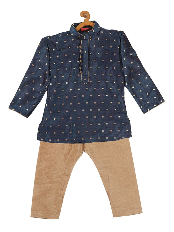 VASTRAMAY Boy's Blue Printed Kurta with Rose Gold Pyjamas & Nehru Jacket