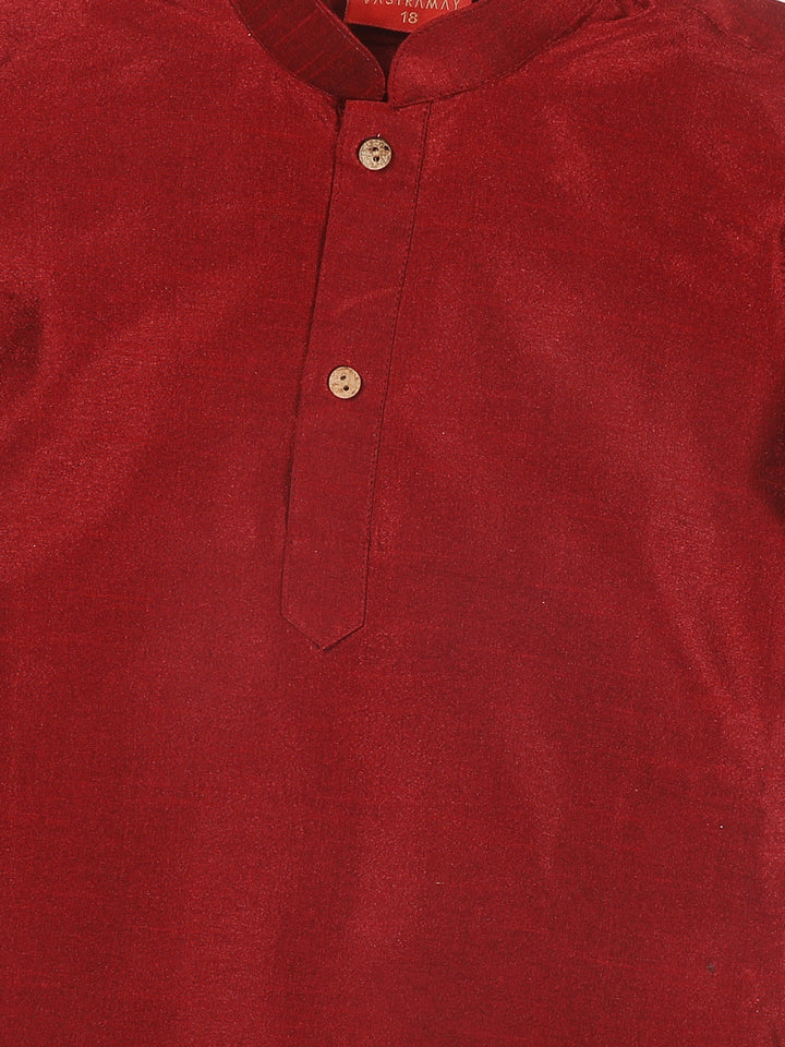 VASTRAMAY Boy's Maroon Kurta With Rose Gold Dhoti Pant & Nehru Jacket Set