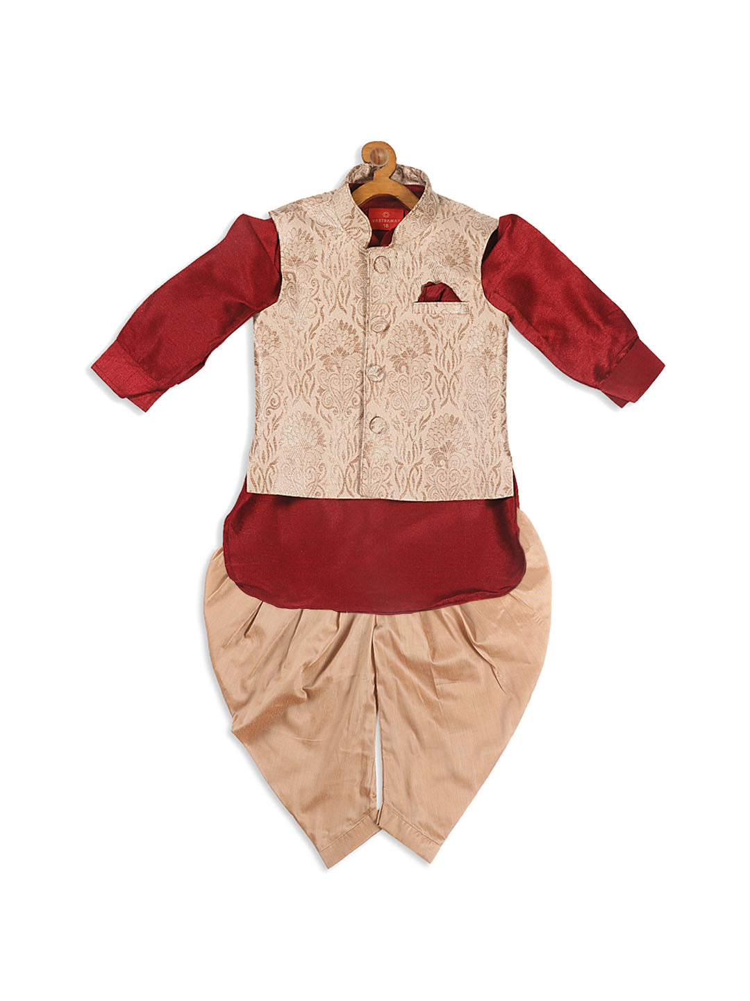 VASTRAMAY Boy's Maroon Kurta With Rose Gold Dhoti Pant & Nehru Jacket Set