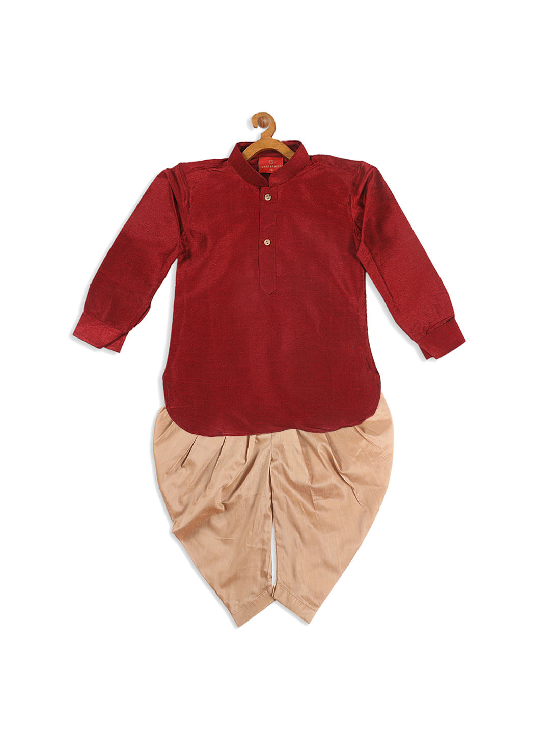 VASTRAMAY Boy's Maroon Kurta With Rose Gold Dhoti Pant & Nehru Jacket Set