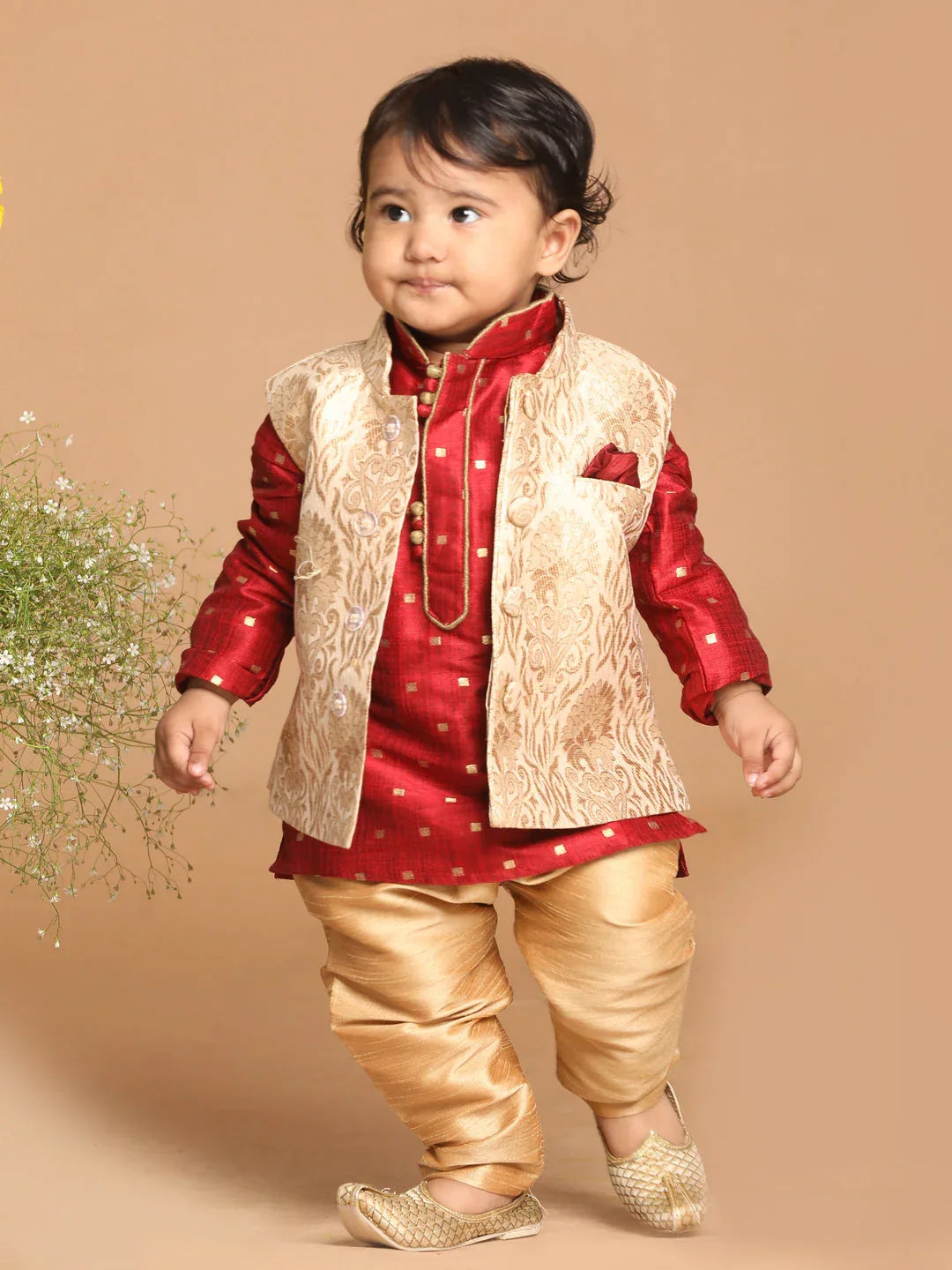 Sishu Boy's Maroon Ethnic Motifs Woven Design Kurta With Rose Gold Pyjama And Jacket
