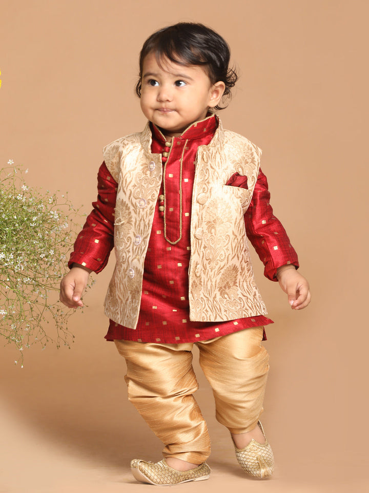 VASTRAMAY SISHU Boy's Maroon Ethnic Motifs Woven Design Kurta with Rose Gold Pyjama And Jacket