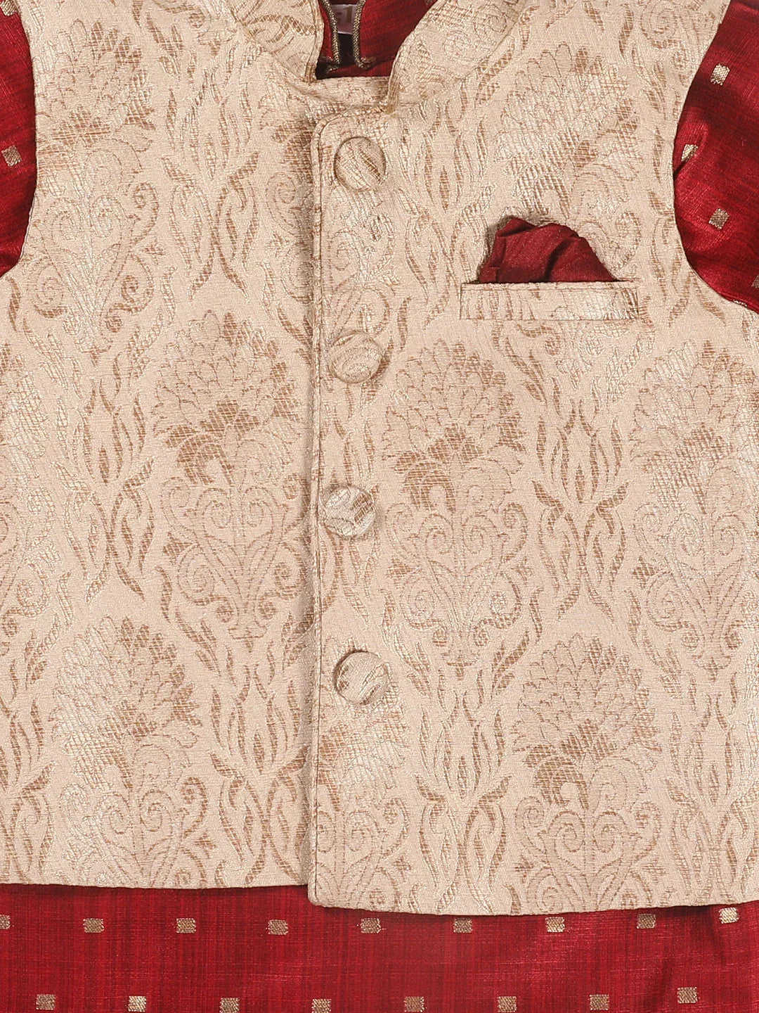 Sishu Boy's Maroon Ethnic Motifs Woven Design Kurta With Rose Gold Pyjama And Jacket