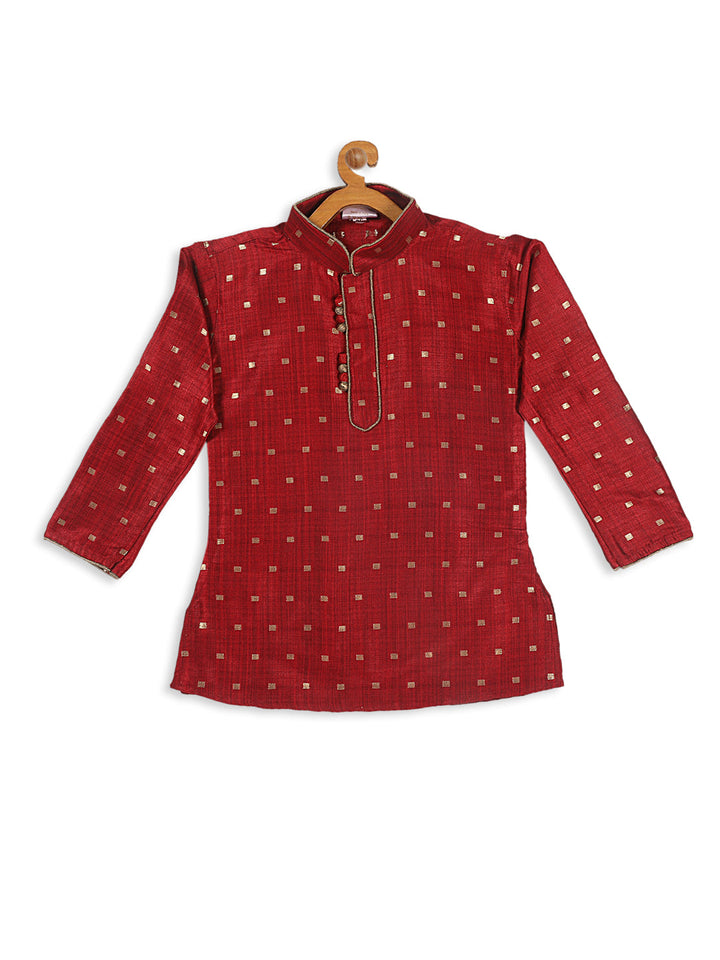 VASTRAMAY SISHU Boy's Maroon Ethnic Motifs Woven Design Kurta with Rose Gold Pyjama And Jacket