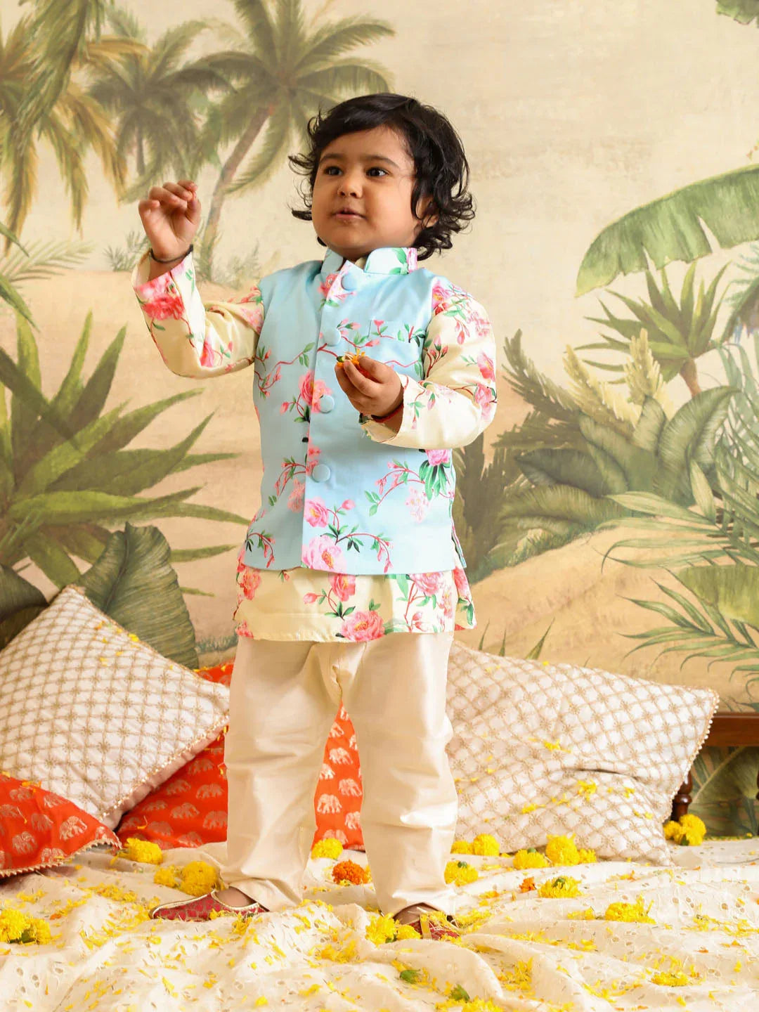 Boy's' Jacket With Yellow Floral Printed Cotton Kurta Pyjama Set