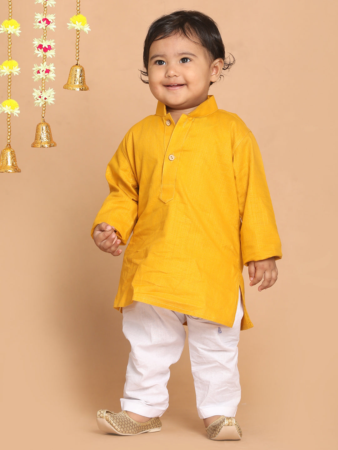 VASTRAMAY SISHU Boy's Mustard Yellow Kurta With White Pyjama Set - qivii