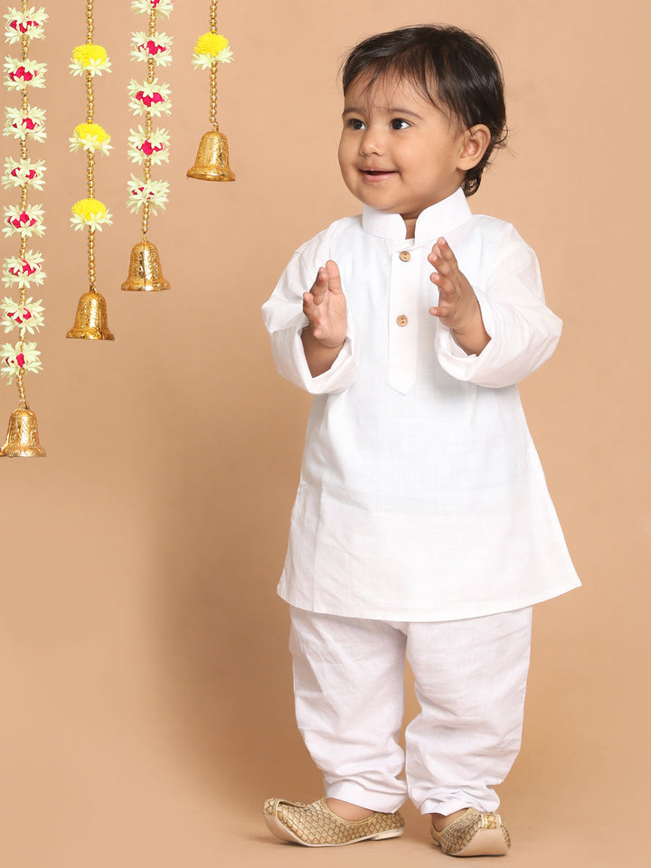 VASTRAMAY Boy's White Kurta With White Pyjama Set