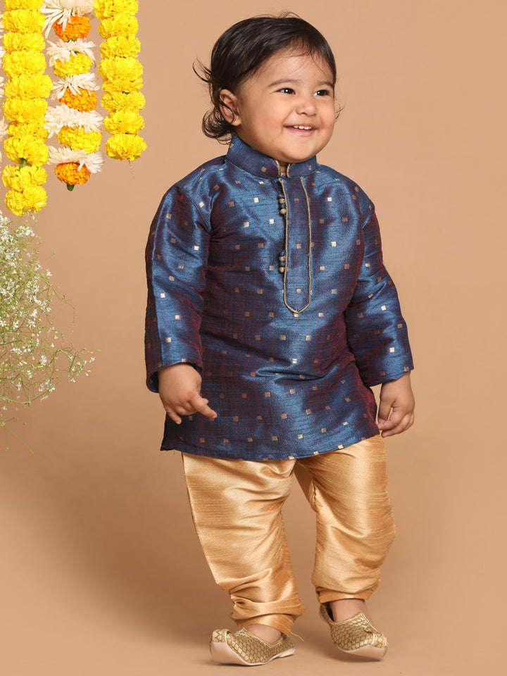 VASTRAMAY Boy's Blue Woven Design Kurta And Rose Gold Pyjama Set