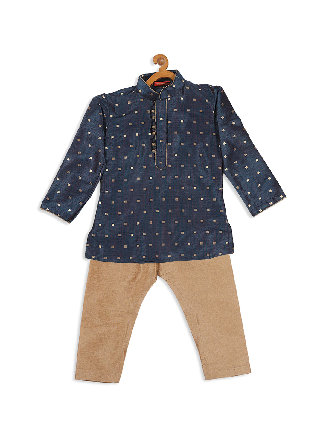 VASTRAMAY Boy's Blue Woven Design Kurta And Rose Gold Pyjama Set