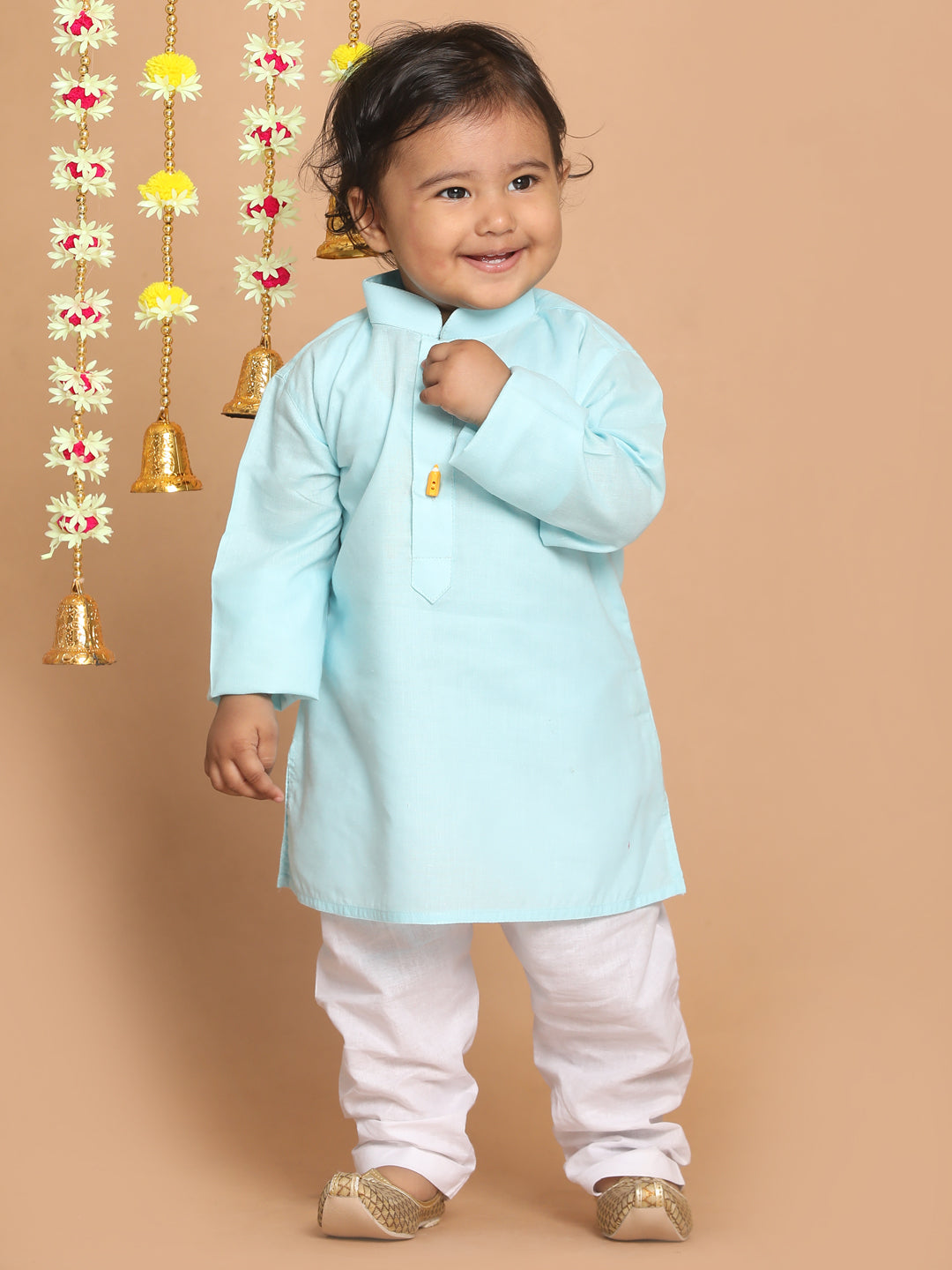 VASTRAMAY Boy's Aqua Blue Kurta With White Pyjama Set - qivii