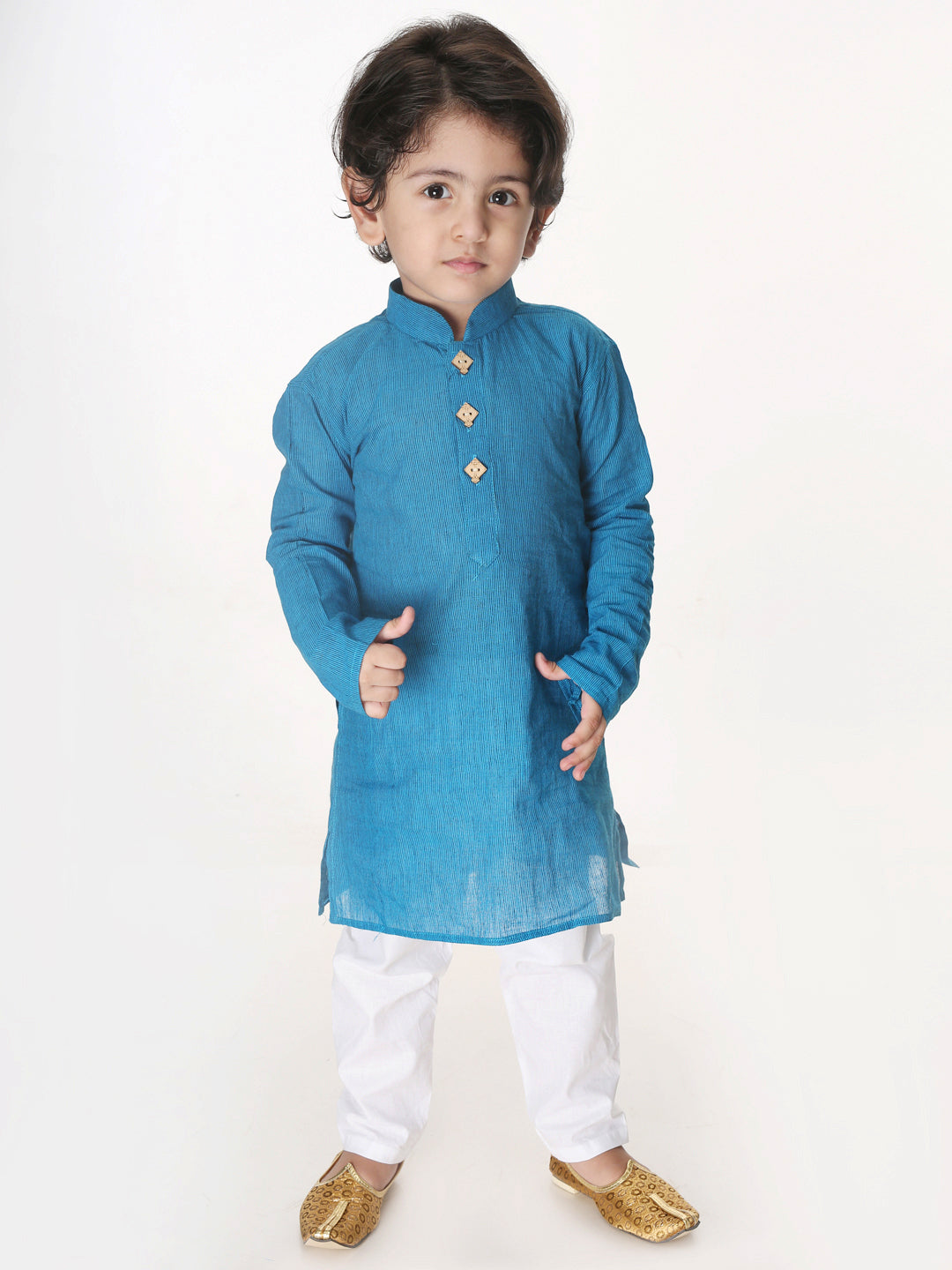 VASTRAMAY Boys Aqua Blue and White Pure Cotton Kurta Pyjama Set - qivii