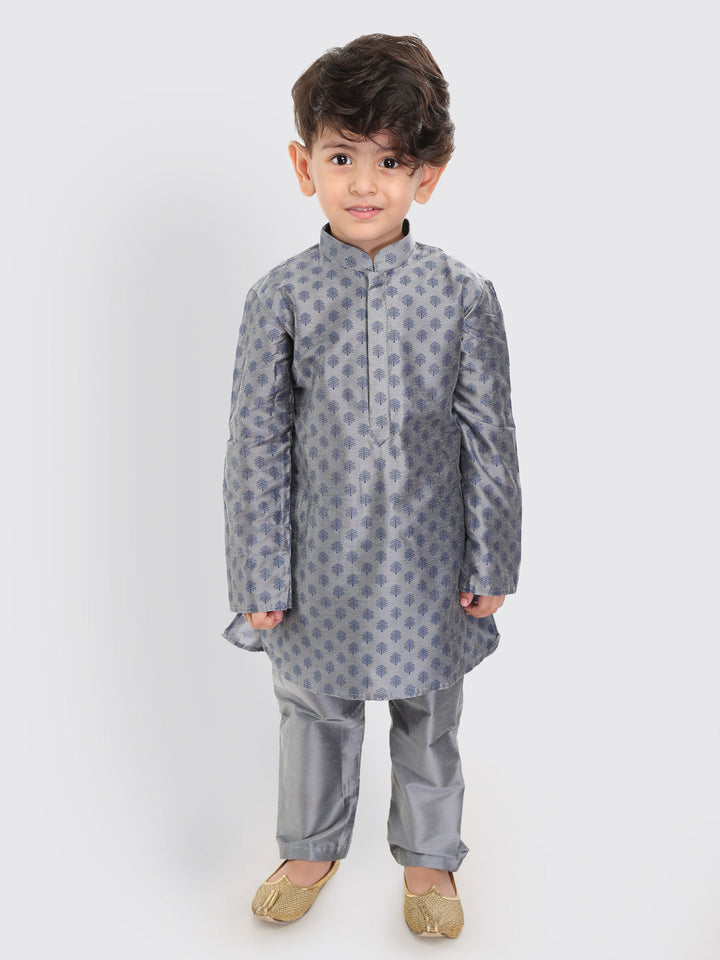 VASTRAMAY Boys Grey Cotton Blend Kurta Pyjama Set