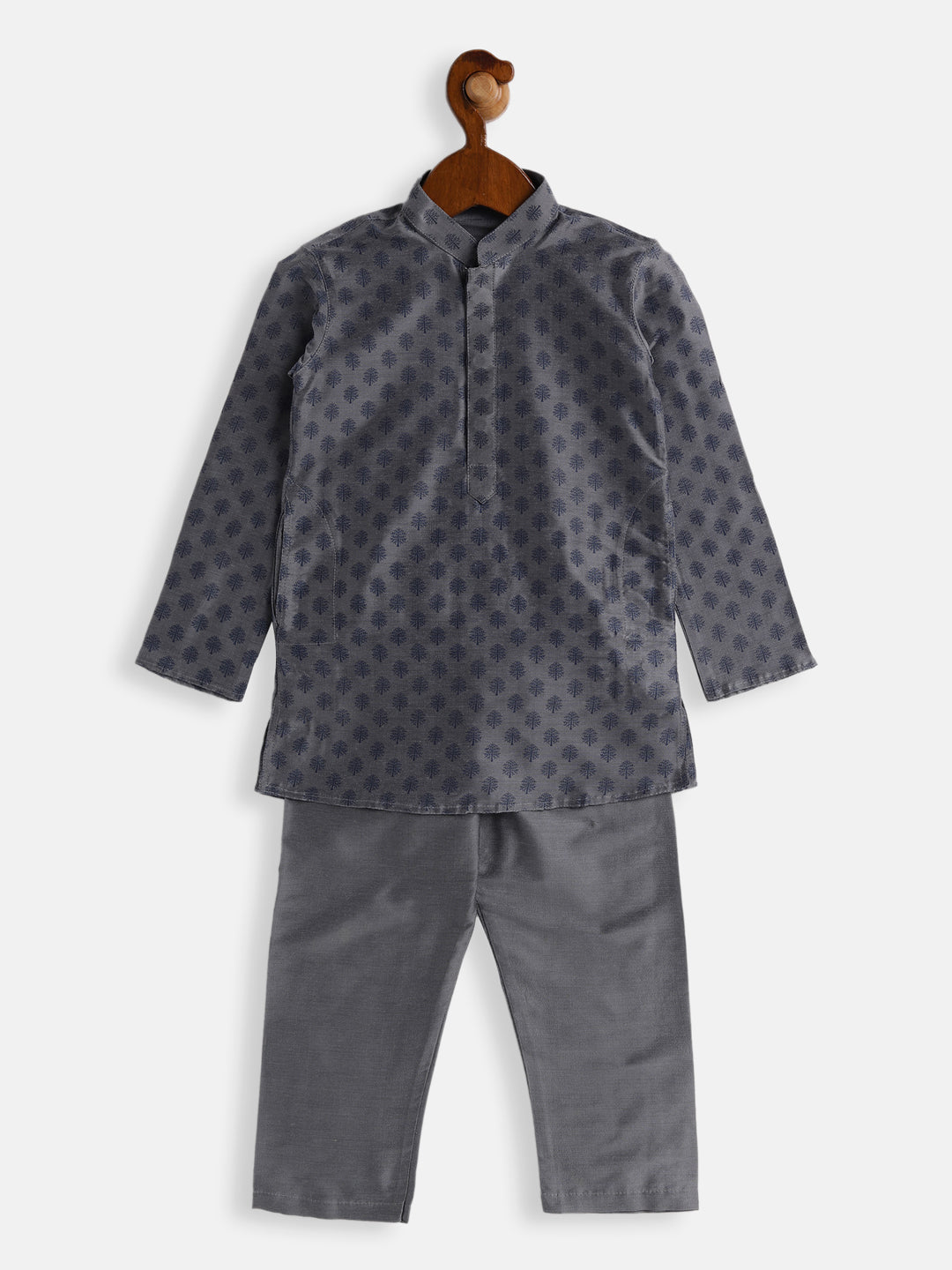 VASTRAMAY Boys Grey Cotton Blend Kurta Pyjama Set