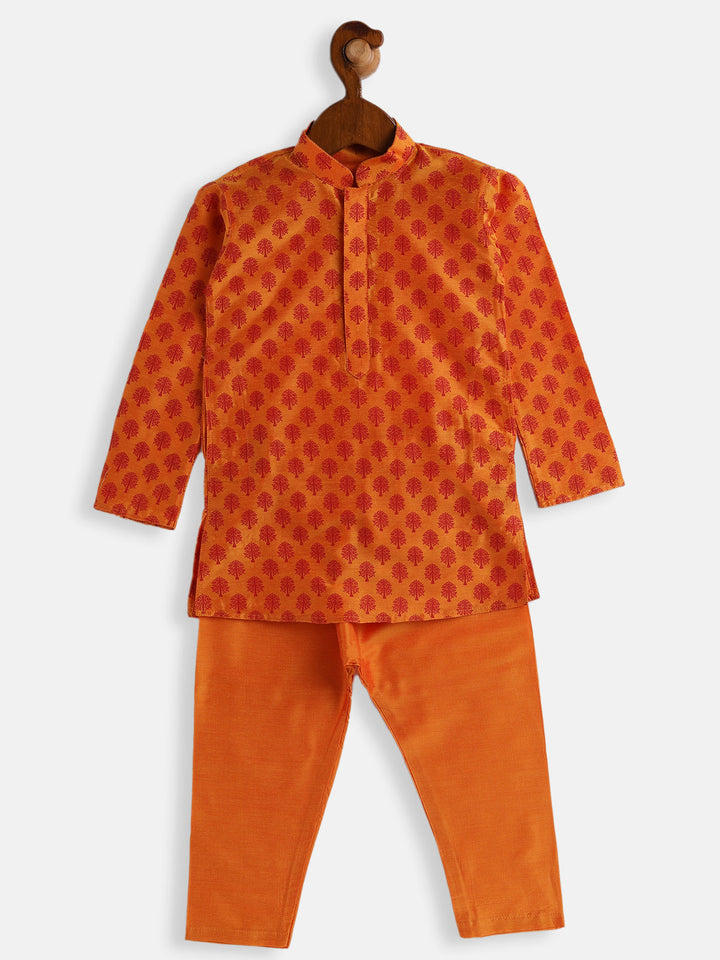 VASTRAMAY Boys Orange Cotton Blend Kurta Pyjama Set