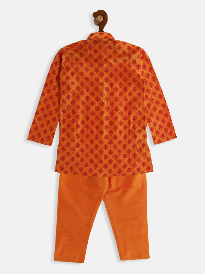 VASTRAMAY Boys Orange Cotton Blend Kurta Pyjama Set