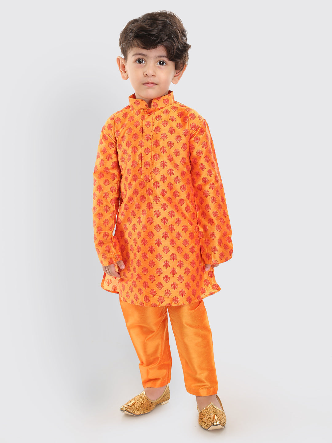 VASTRAMAY Boys Orange Cotton Blend Kurta Pyjama Set