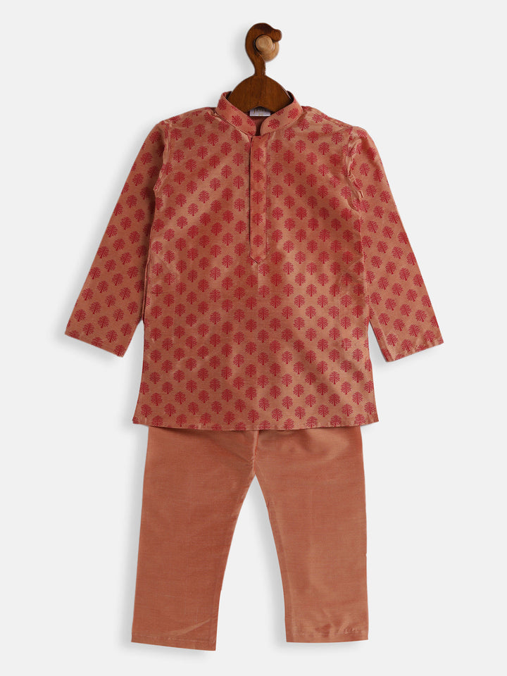 VASTRAMAY Boys Pink Cotton Blend Kurta Pyjama Set