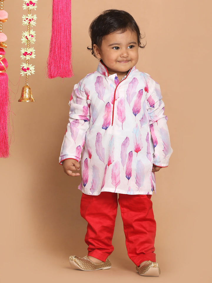 VASTRAMAY Boy's White Printed Kurta With Red Pyjama Set