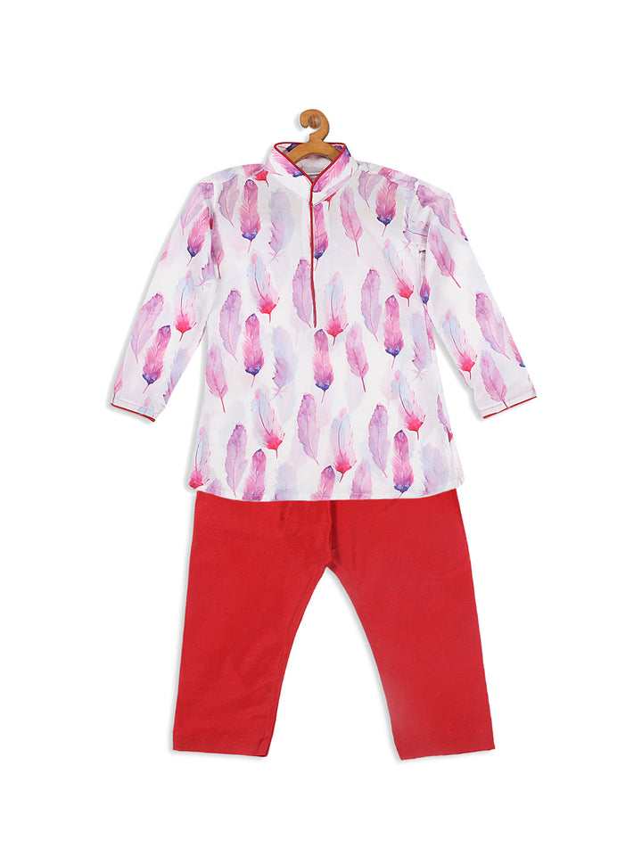 VASTRAMAY Boy's White Printed Kurta With Red Pyjama Set