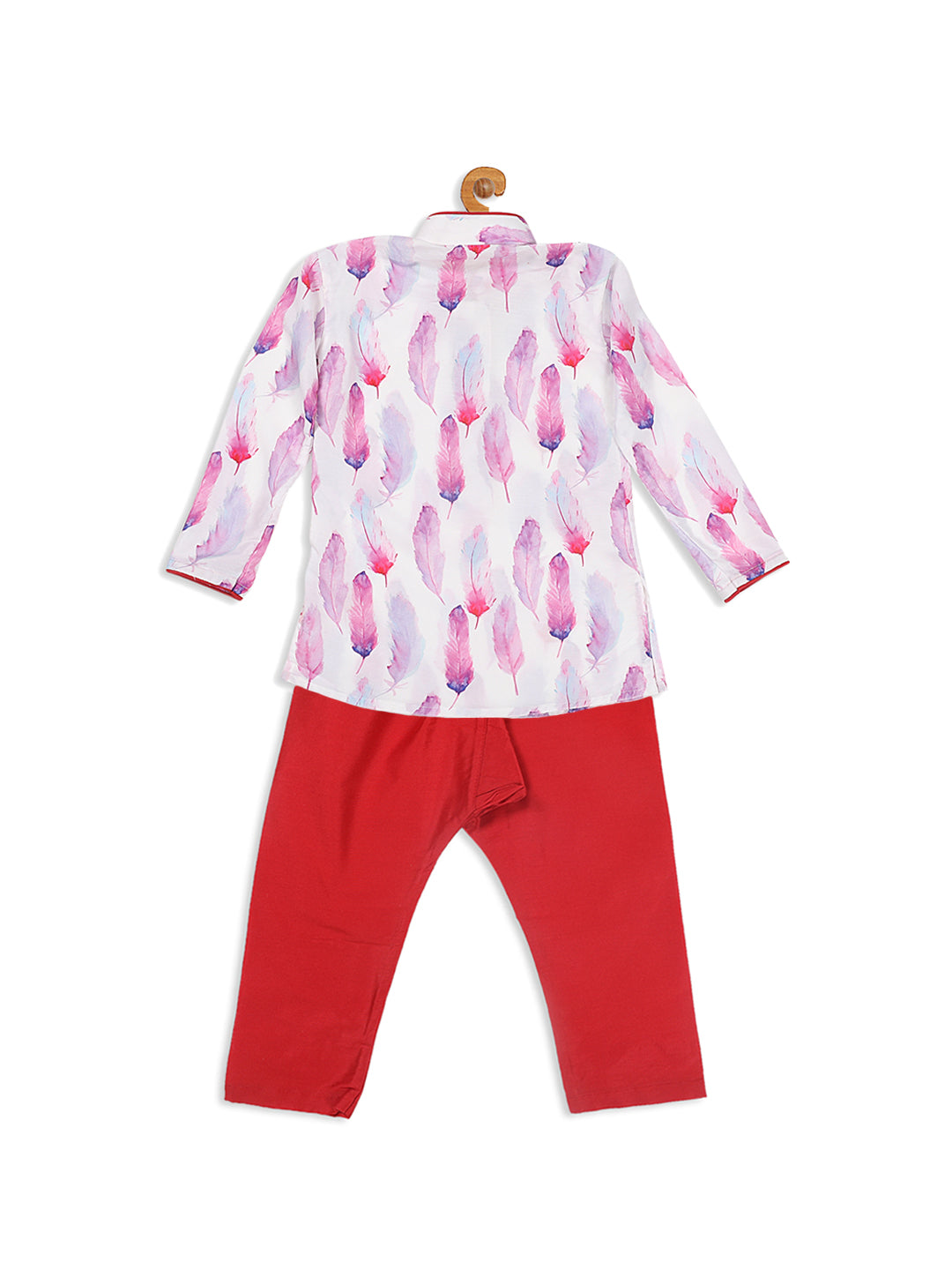 VASTRAMAY Boy's White Printed Kurta With Red Pyjama Set