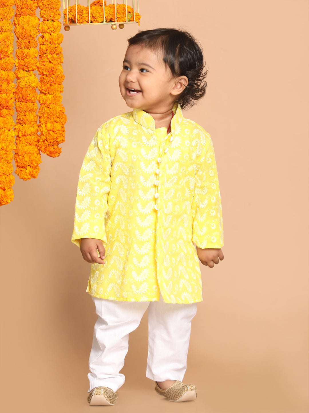 VASTRAMAY SISHU Boy's Mustard Floral Chikankari Pure Cotton Kurta with Pyjama - qivii