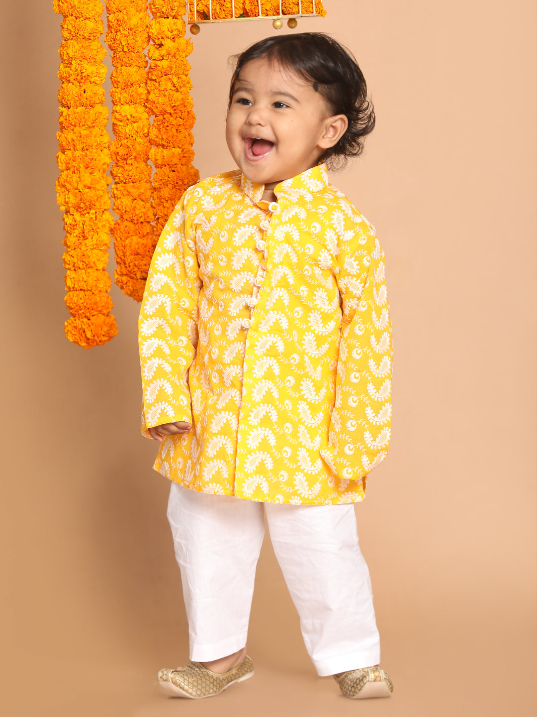 VASTRAMAY SISHU Boy's Orange Floral Chikankari Pure Cotton Kurta With White Pyjama Set - qivii