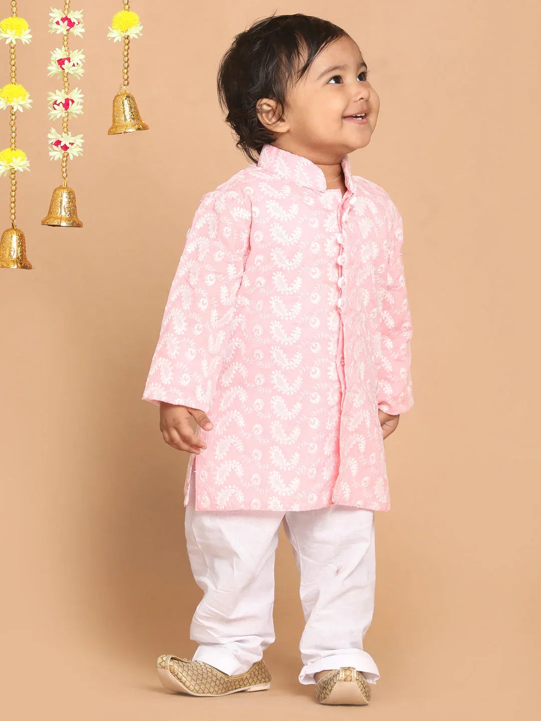 Sishu Boy's Pink Floral Chikankari Pure Cotton Kurta With Pyjama