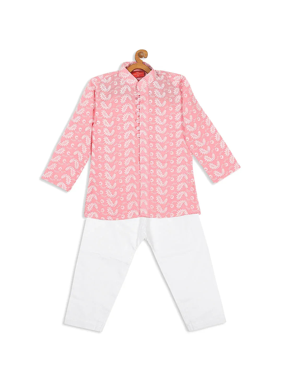Sishu Boy's Pink Floral Chikankari Pure Cotton Kurta With Pyjama