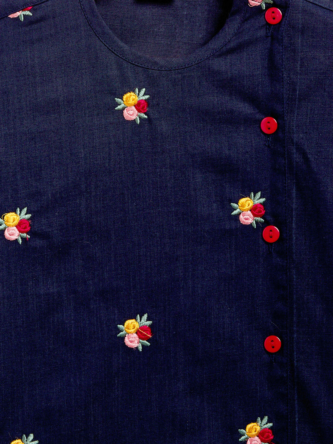 VASTRAMAY SISHU Boy's Navy Blue Floral Motif Embroidered Kurta and Red Dhoti Set - qivii