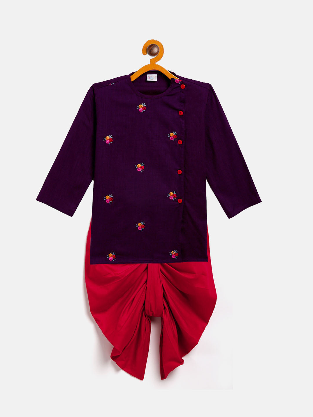 VASTRAMAY Boy's Purple Floral Motif Embroidered Kurta and Red Dhoti Set - qivii