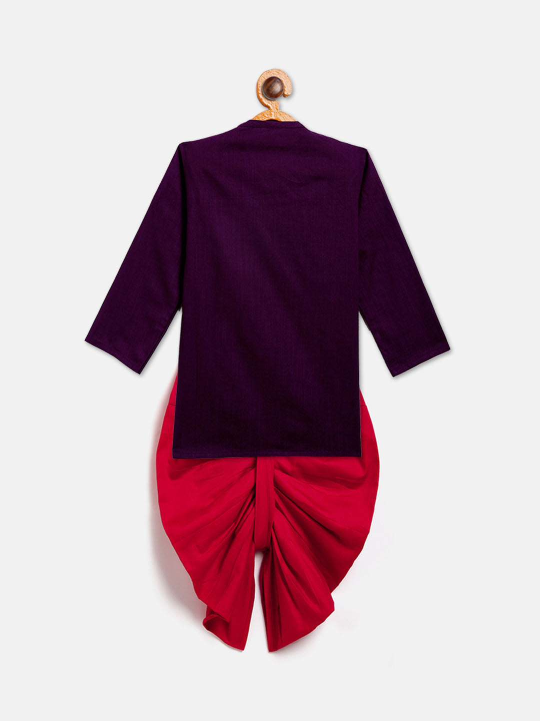 VASTRAMAY Boy's Purple Floral Motif Embroidered Kurta and Red Dhoti Set - qivii