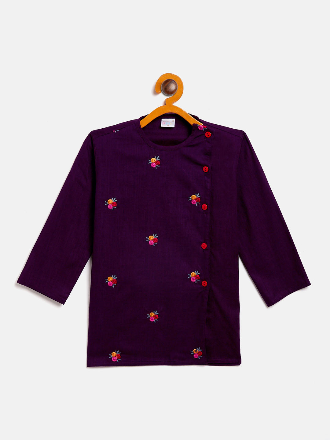 VASTRAMAY Boy's Purple Floral Motif Embroidered Kurta and Red Dhoti Set - qivii