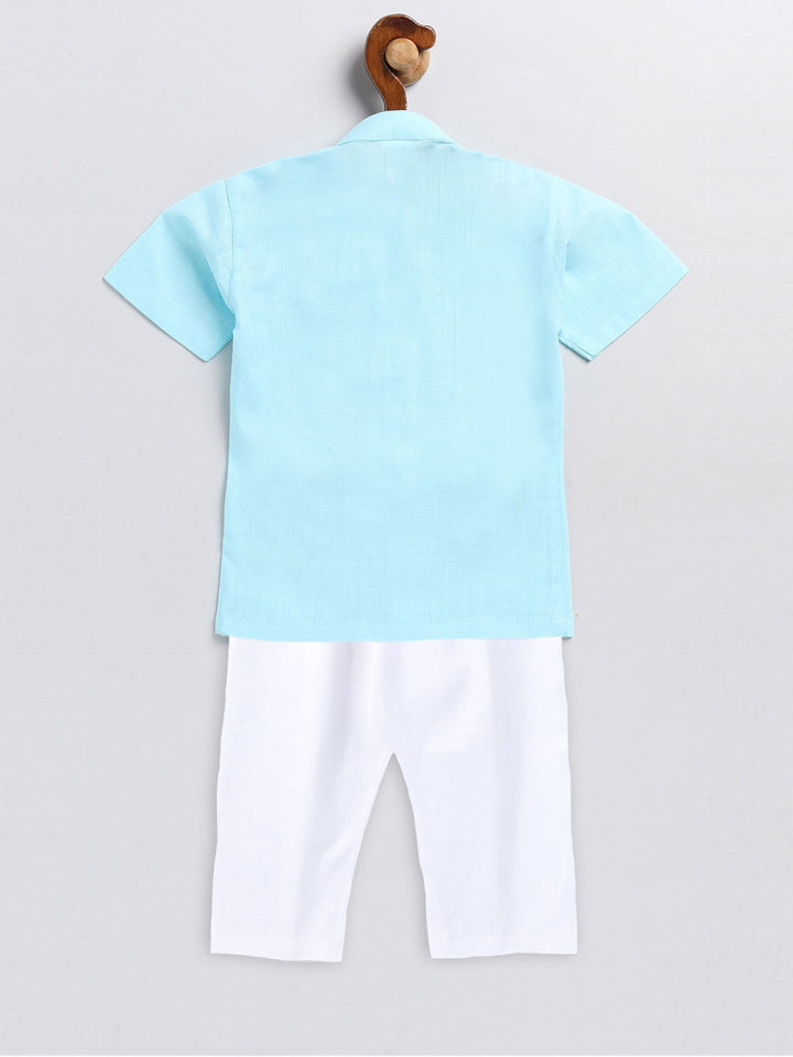 VASTRAMAY Boy's Aqua Blue and White Embroidered Cotton Kurta Pyjama Set